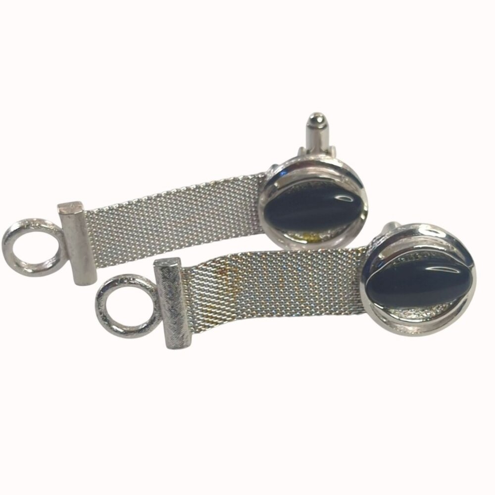 Vintage Dante Cufflinks Oval Black Cabochon Silver Tone Mesh Fold